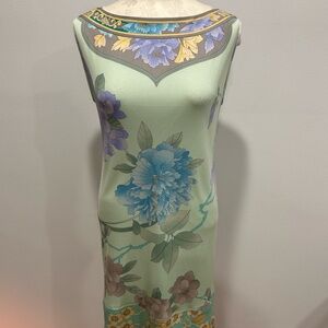 Vintage Leonard Paris Light Green Floral Sleeveless Dress Sz S